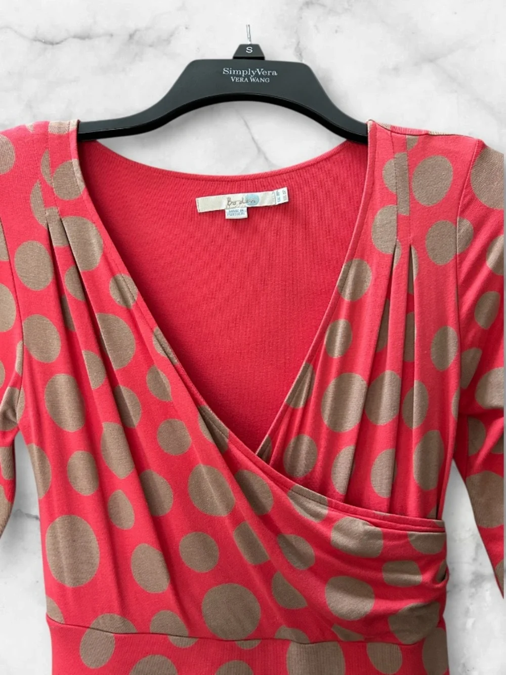 Boden Rosebury Polka Dot Jersey Wrap Midi Dress Coral Beige 3/4 Sleeves Size 4 - Picture 4 of 10